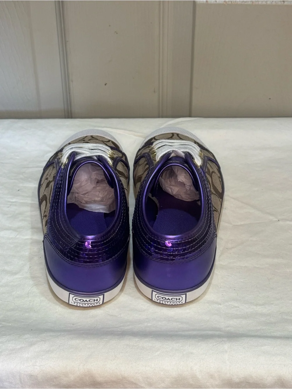 Coach Zorra Signature Canvas Sequin Purple Metallic Sneakers Shoes Women's 7.5